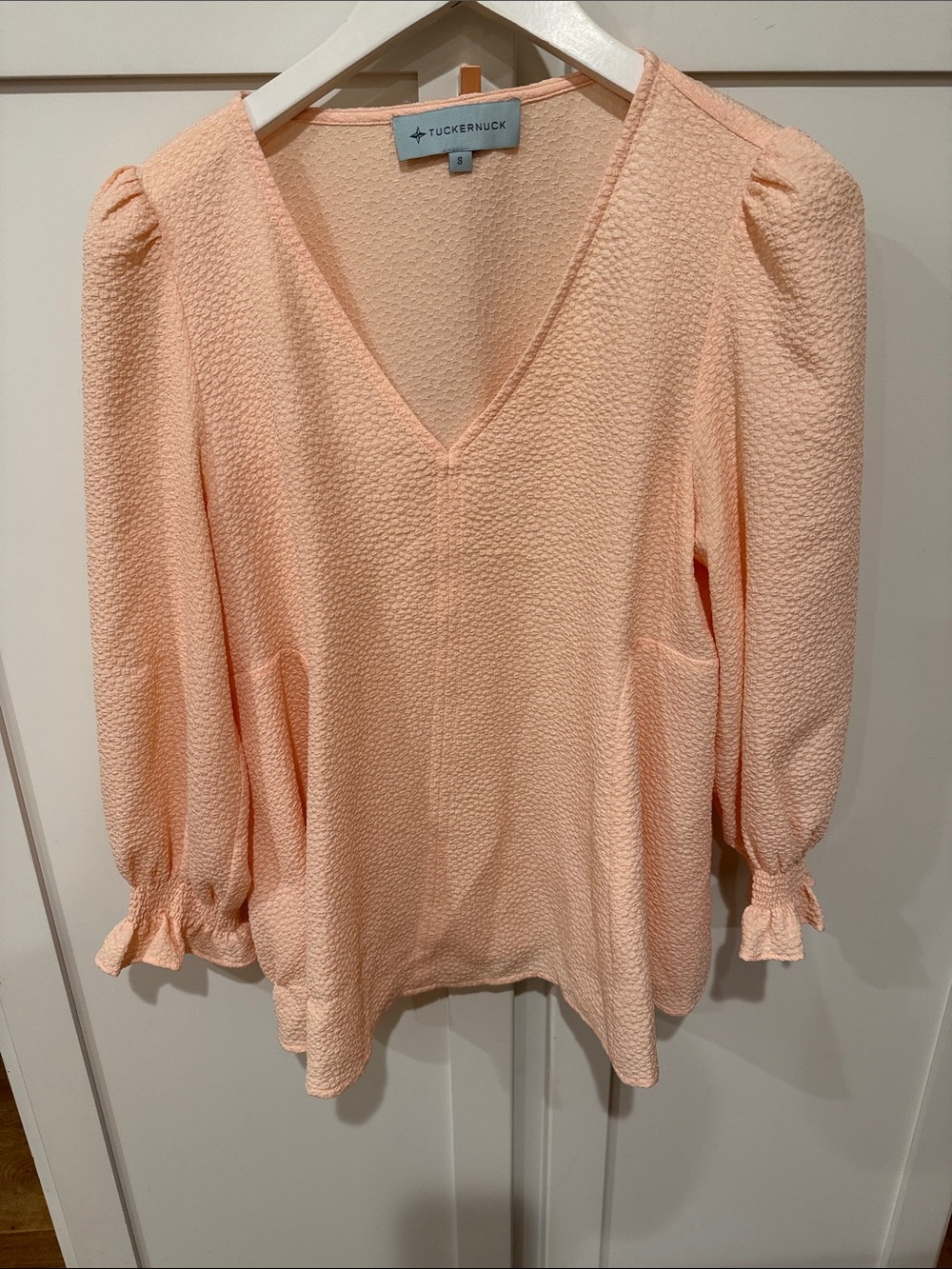 Tuckernuck Peach Textured V-Neck Puff-Sleeve Blouse